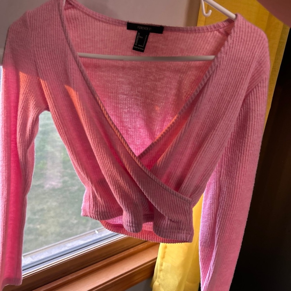 Pink Ribbed Wrap Sweater